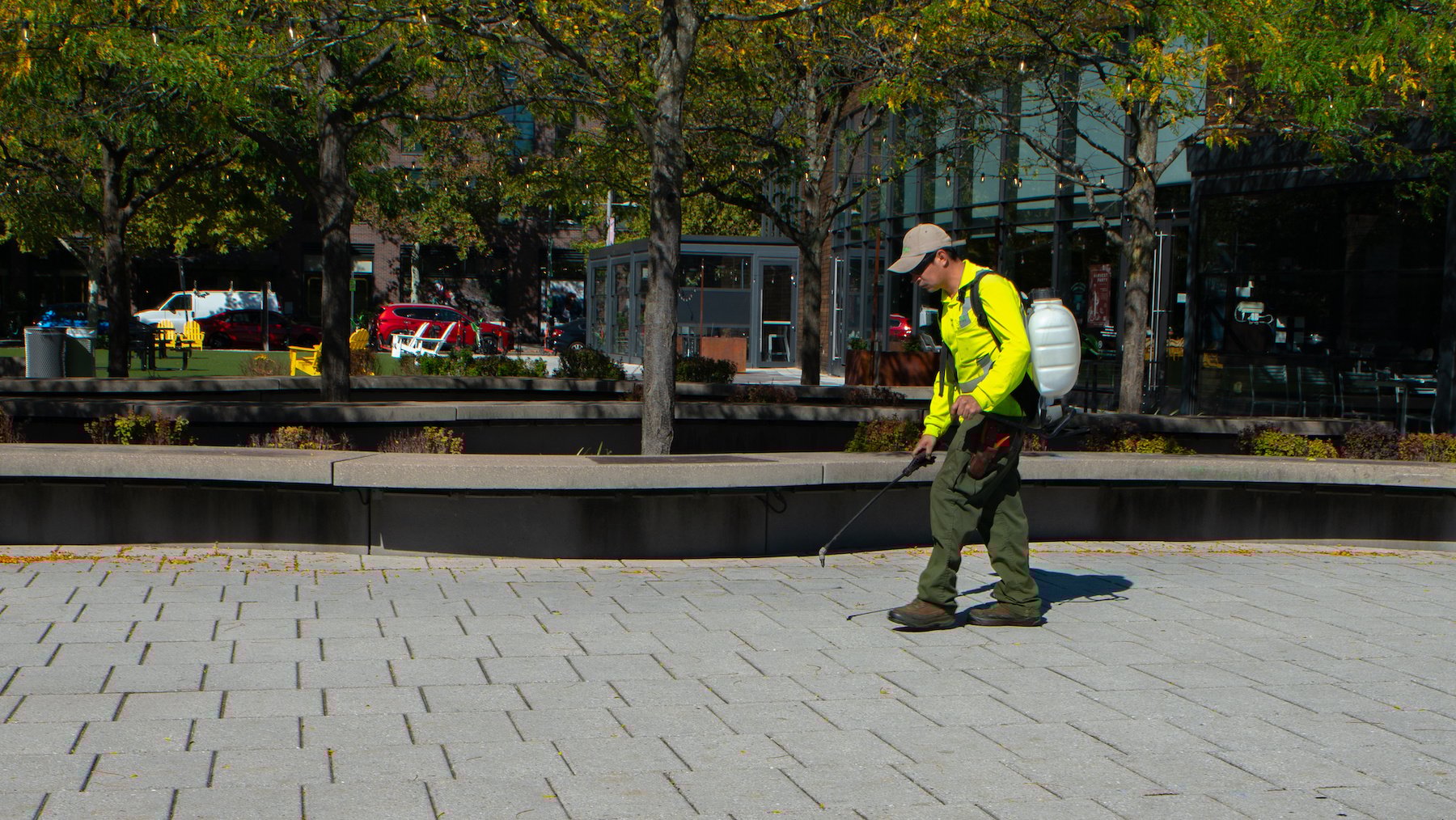 Capitol Riverfront Improvement District crew killing weeds sidewalk