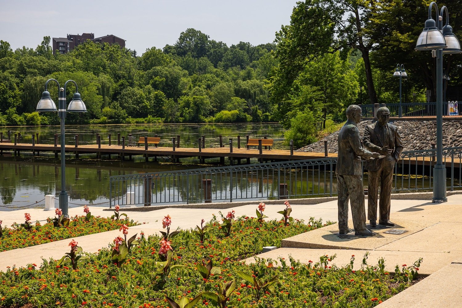 Columbia Lakefront walking deck path outdoor seating statue