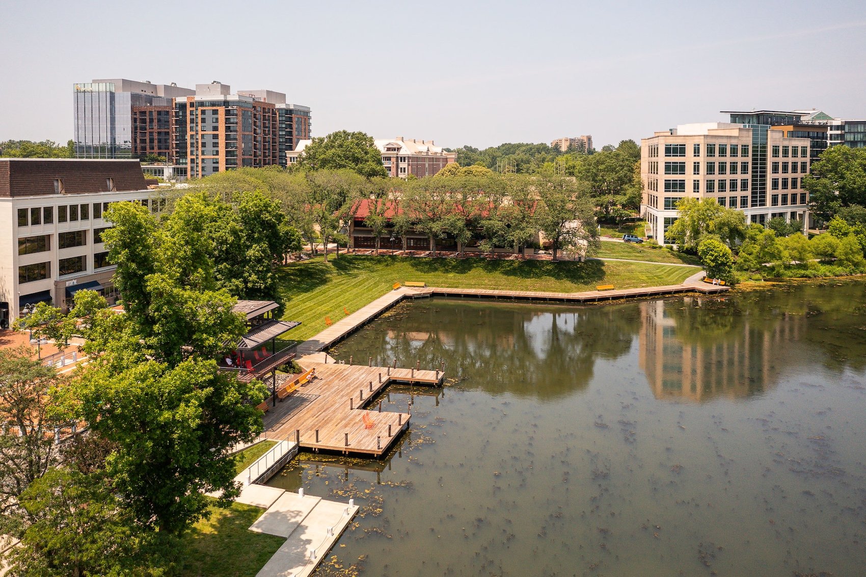 Columbia Lakefront walking paths landscape beds aerial 9