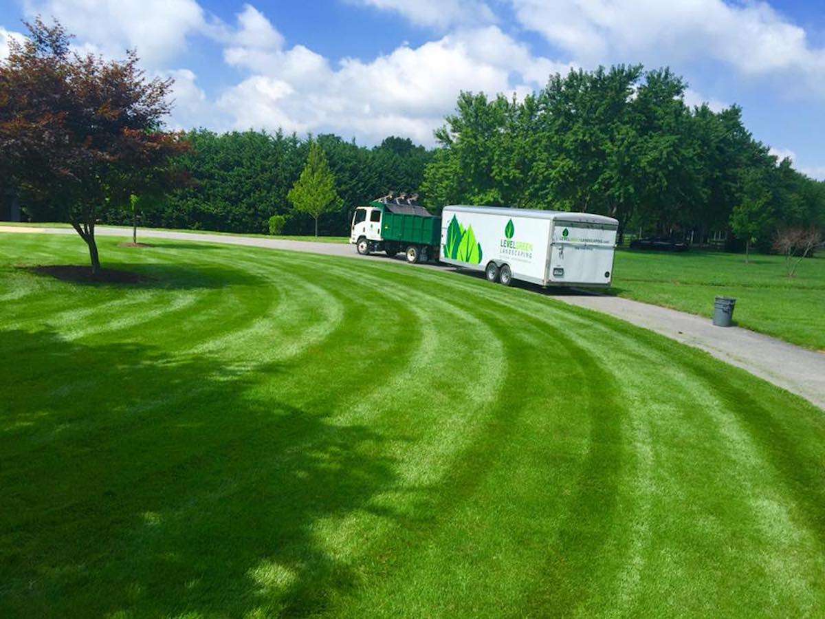 level green truck and trailer near grass with lines