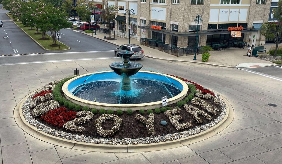 Bowie Town Center 20th Anniversary Flowers annuals round about island roadway common area fountain-1