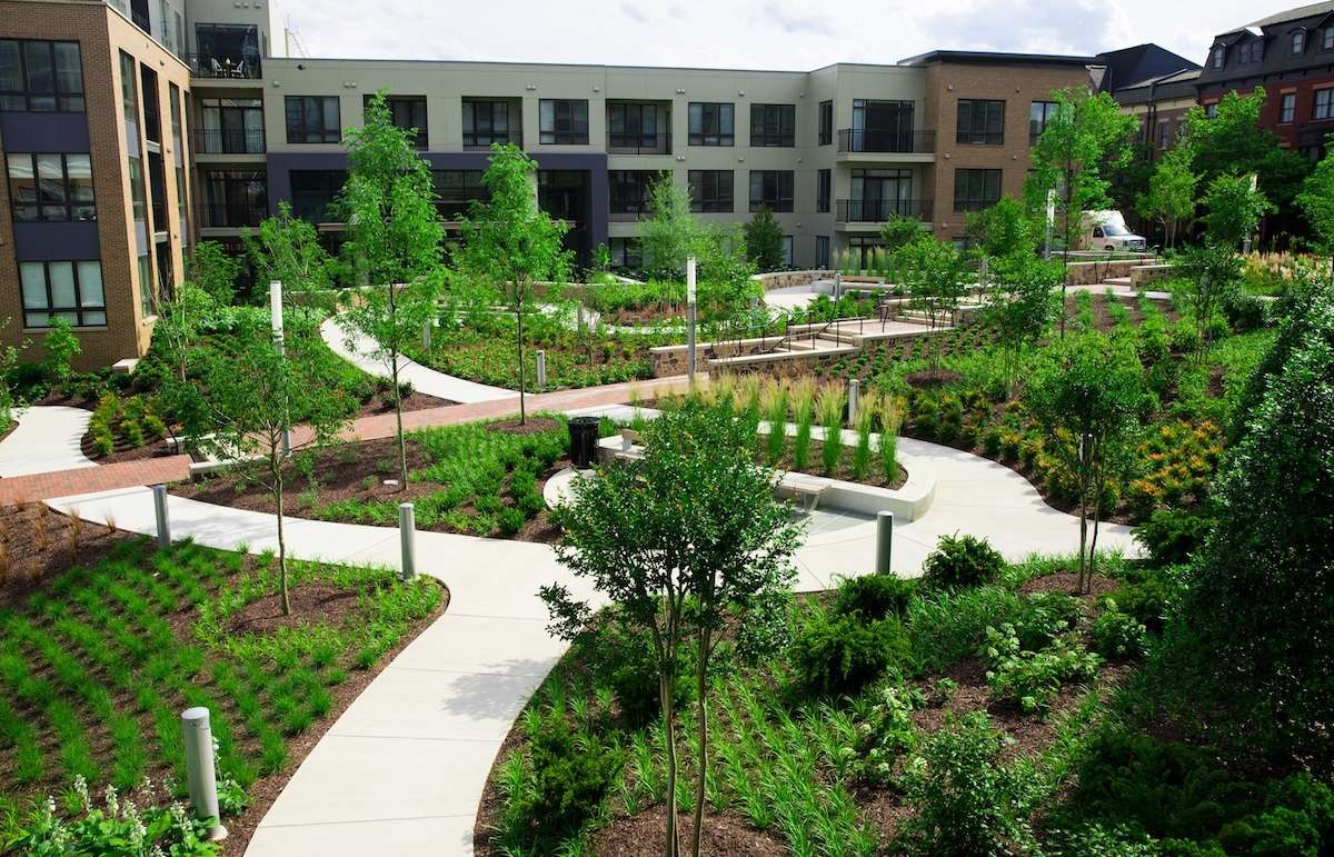 aerial view of commercial landscape with fresh spring mulch and trees and plants