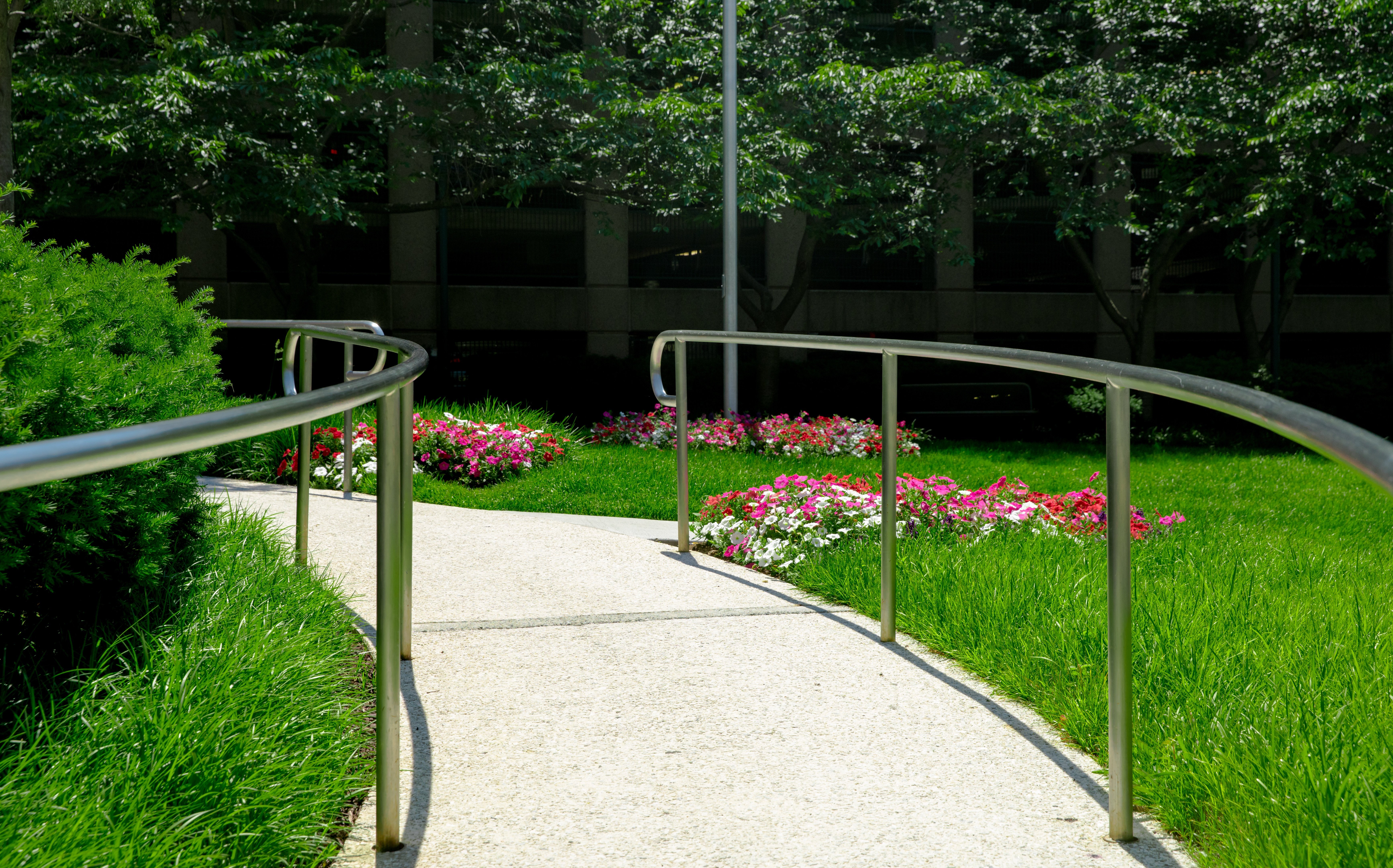 Sequoia Plaza handrails path walkway flowers grass bushes