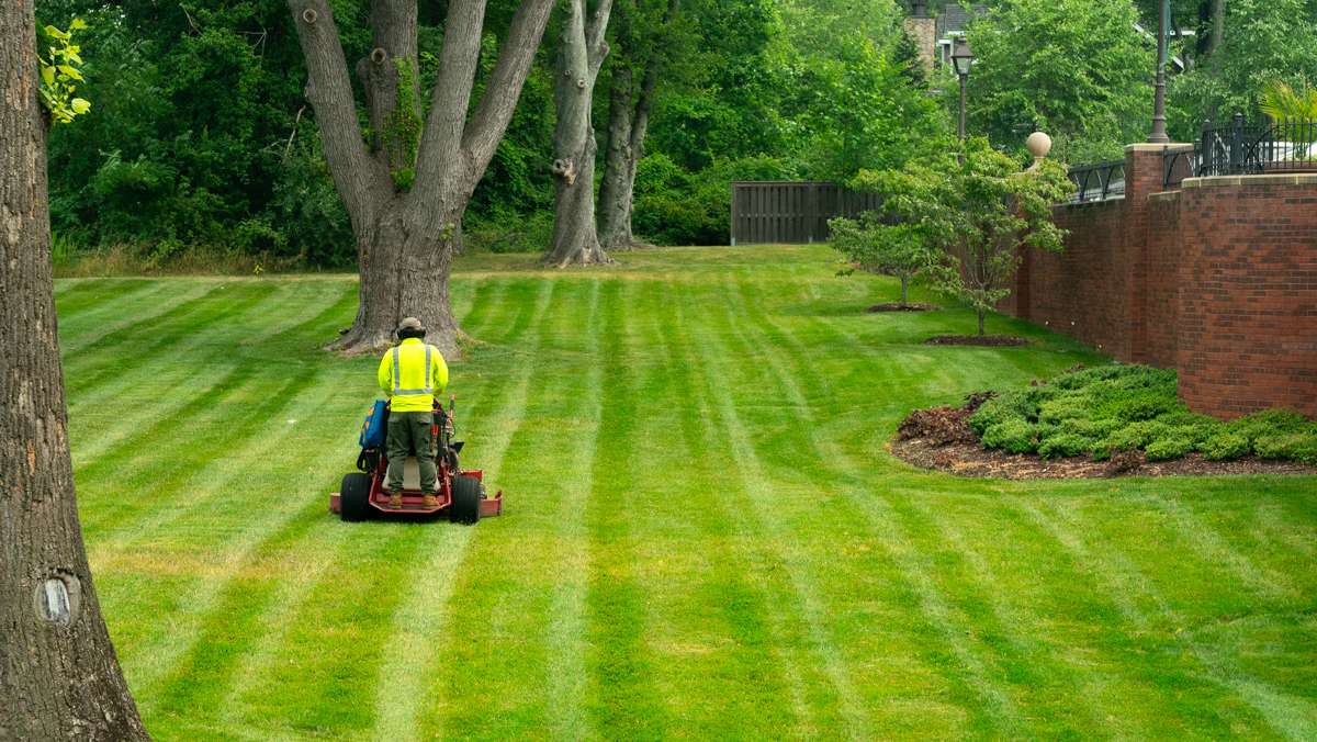 commercial landscaping crew mowing lawn