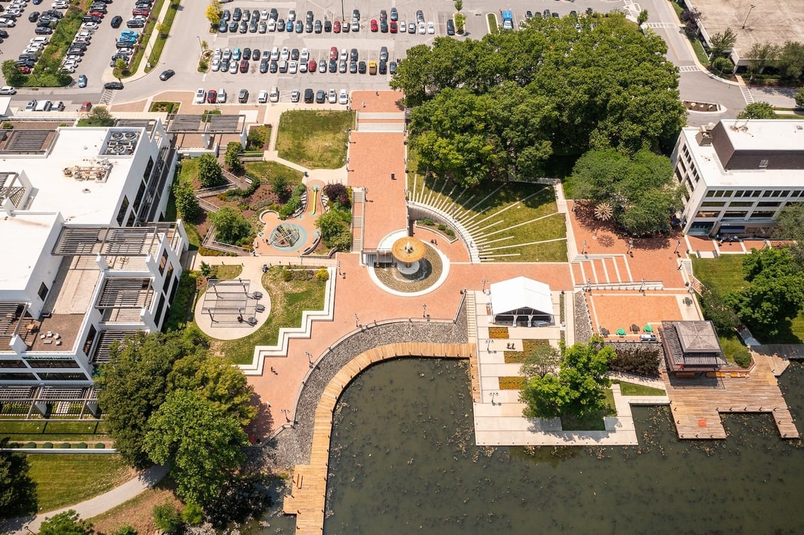 Columbia Lakefront walking paths landscape beds aerial playground 