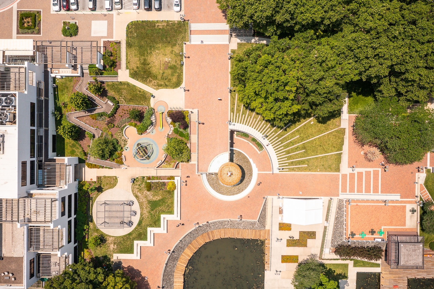 Columbia Lakefront walking paths landscape beds aerial 5