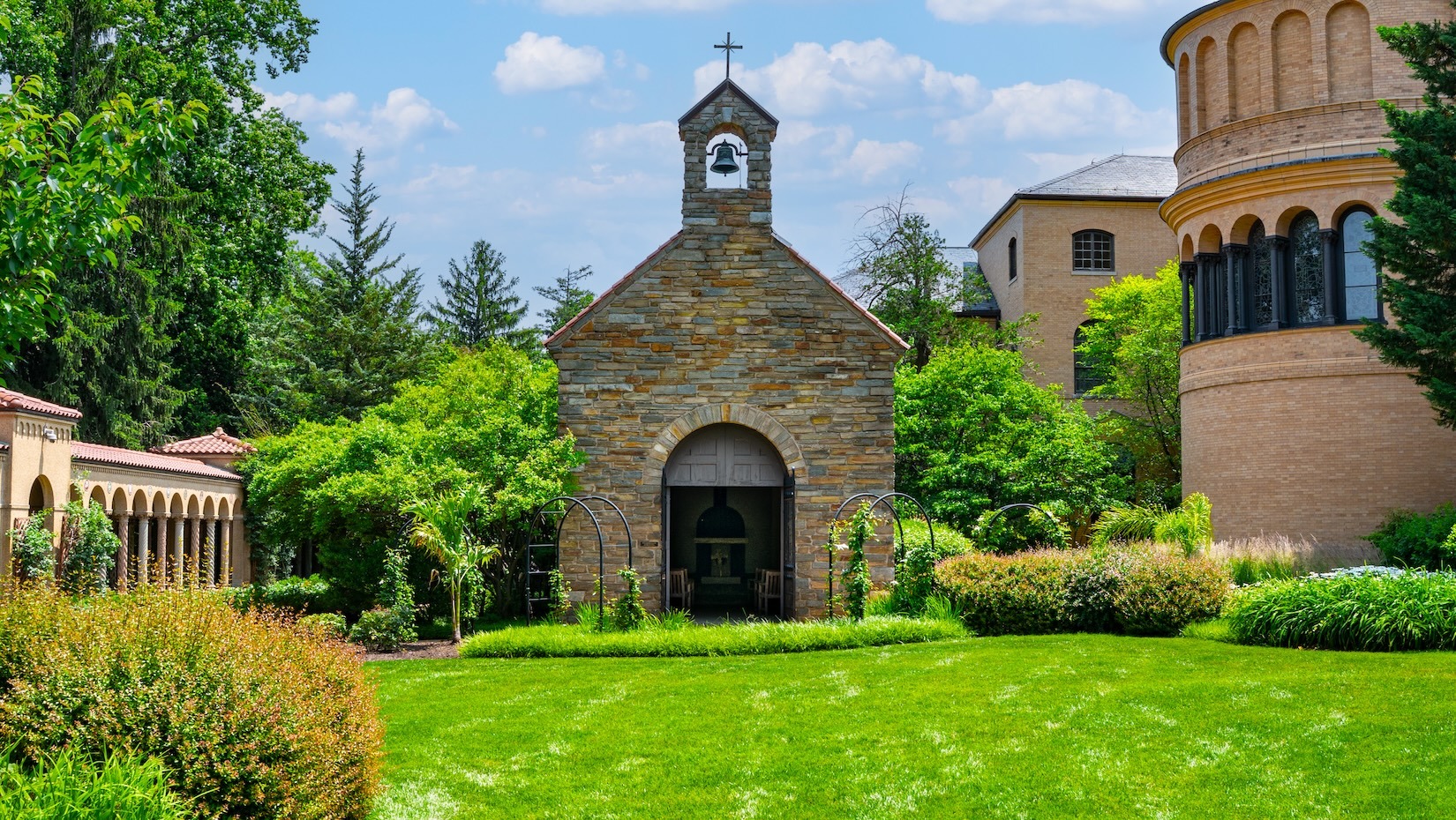 Franciscan Monastery church green lawn landscape beds