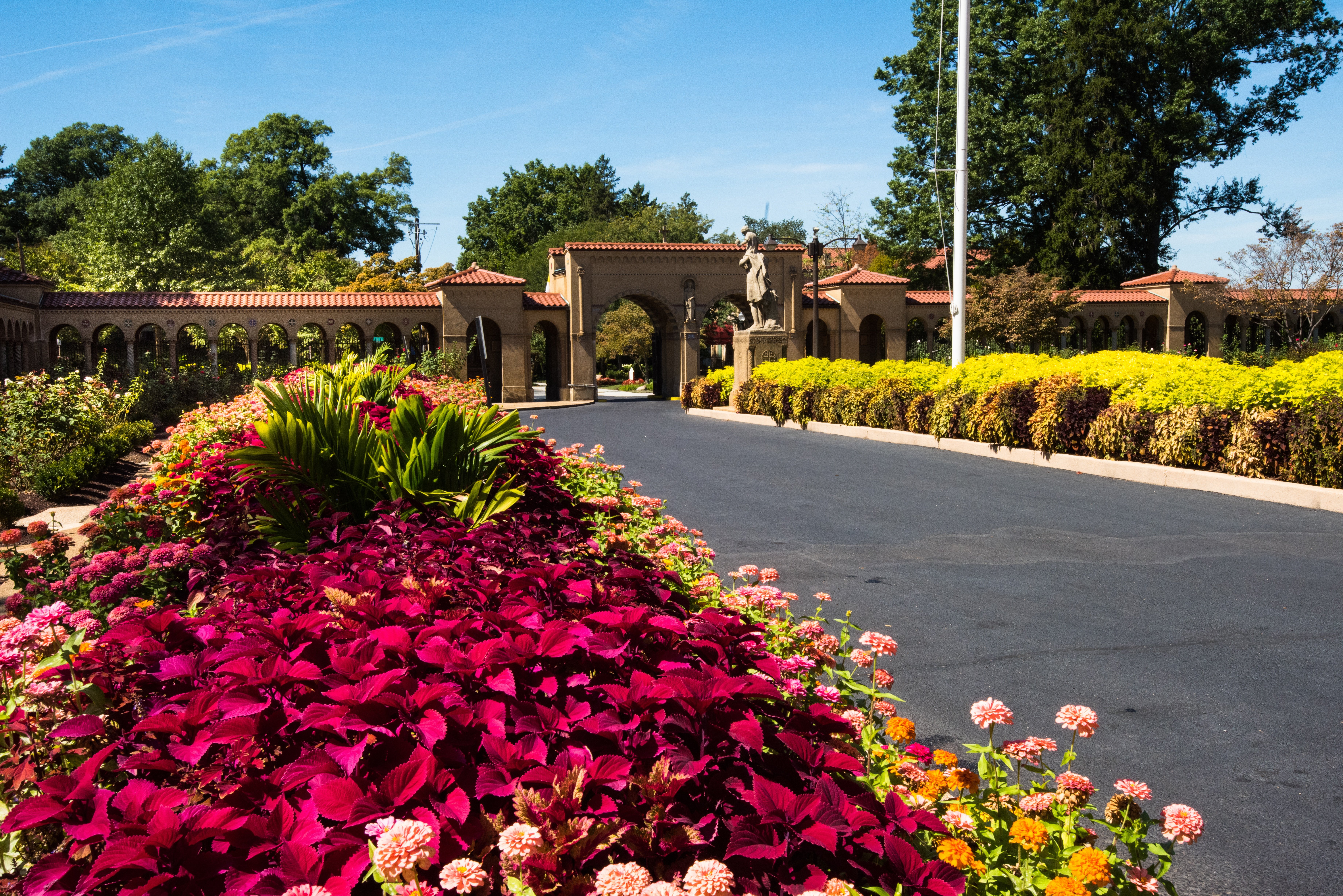 FranciscanMonastery church roadway entrance driveway plantings flowers