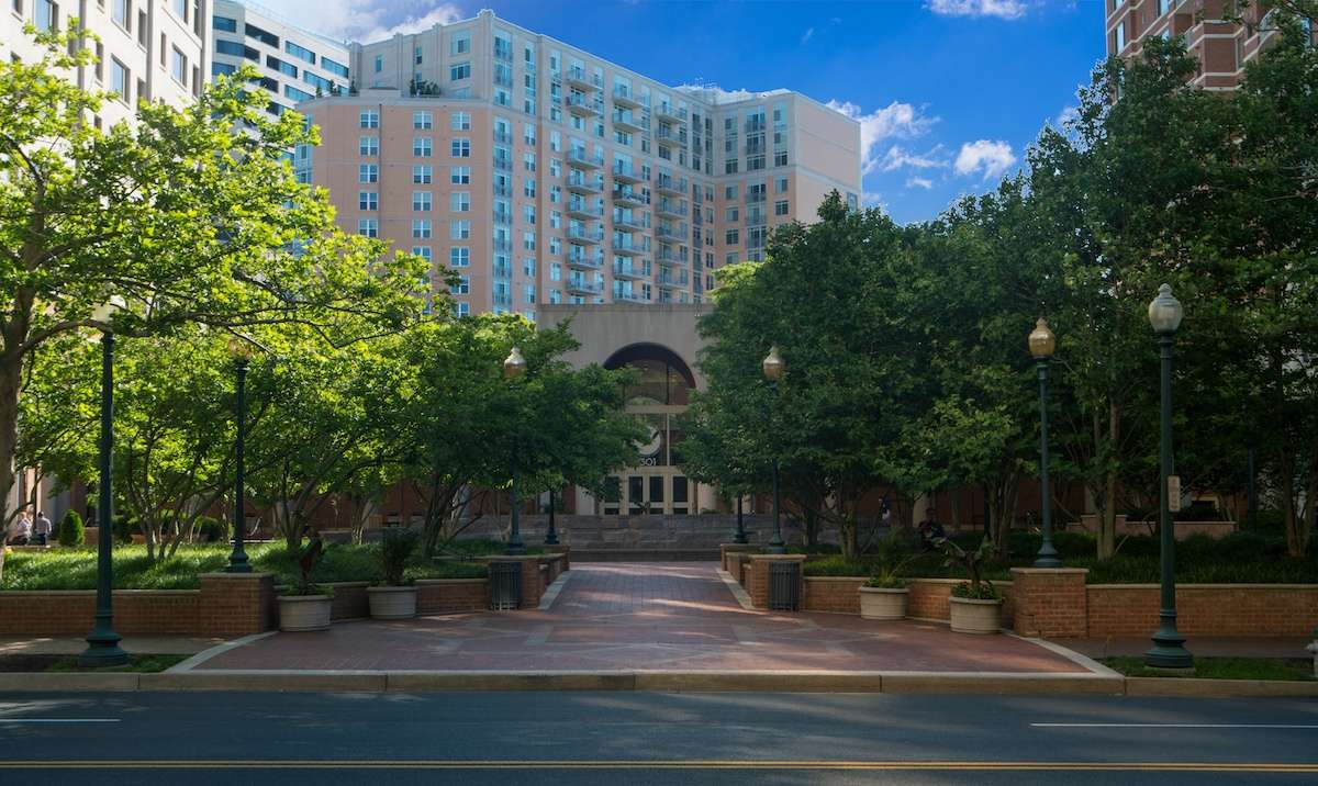 Silver Spring Metro entrance walkway street trees container gardens